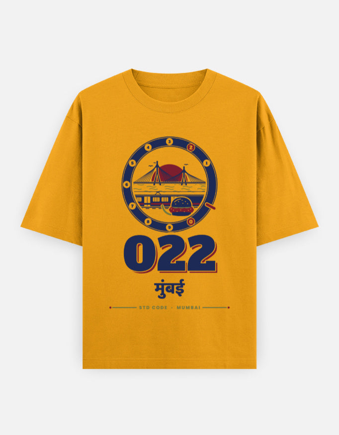 022 Mumbai oversized cotton T-shirt in Golden Yellow – 022 मुंबई Mumbai STD code front print, Bonzo Peter's