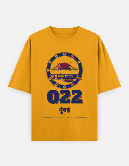 022 Mumbai oversized cotton T-shirt in Golden Yellow – 022 मुंबई Mumbai STD code front print, Bonzo Peter's