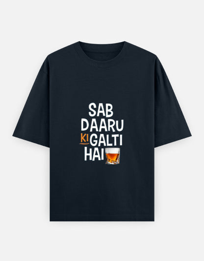 Sab Daaru Ki Galti Hai oversized T-shirt in Navy Blue – 'Sab Daaru Ki Galti Hai' front print, front view, Bonzo Peter's