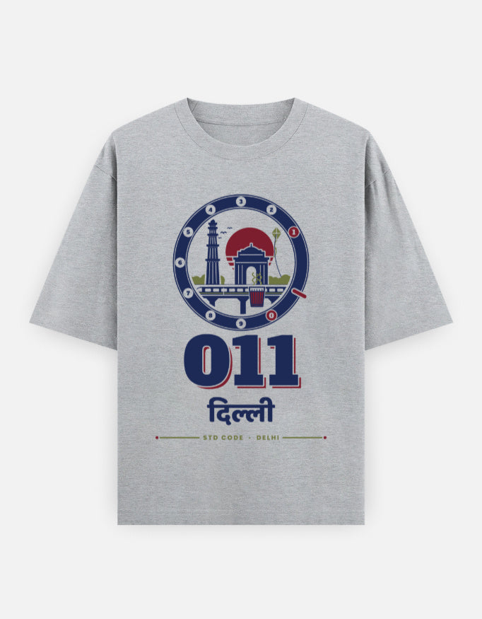 011 Dilli oversized cotton T-shirt in Grey Melange – 011 दिल्ली Delhi STD code front print, Bonzo Peter's