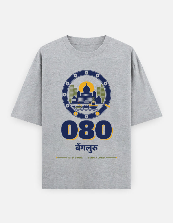 080 Bengaluru oversized cotton T-shirt in Grey Melange – 080 बेंगलुरु Bengaluru STD code front print, Bonzo Peter's