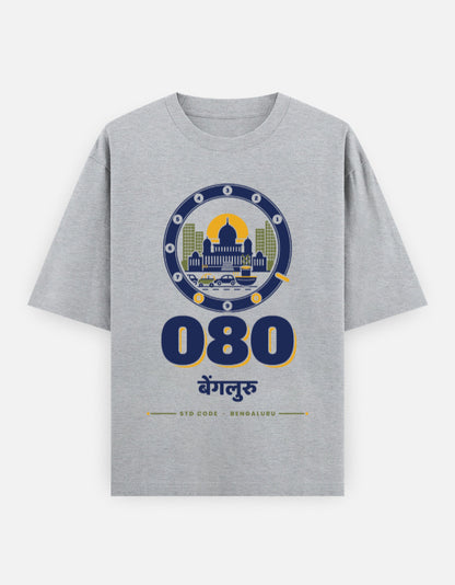 080 Bengaluru oversized cotton T-shirt in Grey Melange – 080 बेंगलुरु Bengaluru STD code front print, Bonzo Peter's