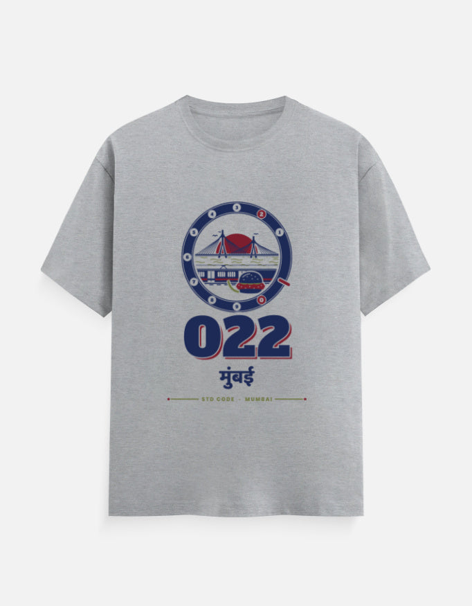 022 Mumbai regular fit T-shirt in Grey Melange – 022 मुंबई Mumbai STD code front print, front view, Bonzo Peter's