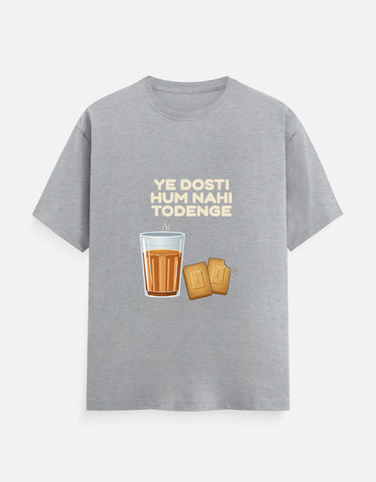 Ye Dosti Hum Nahi Todenge unisex T-shirt in Grey Melange – cutting chai and biscuits front print, front view, Bonzo Peter's