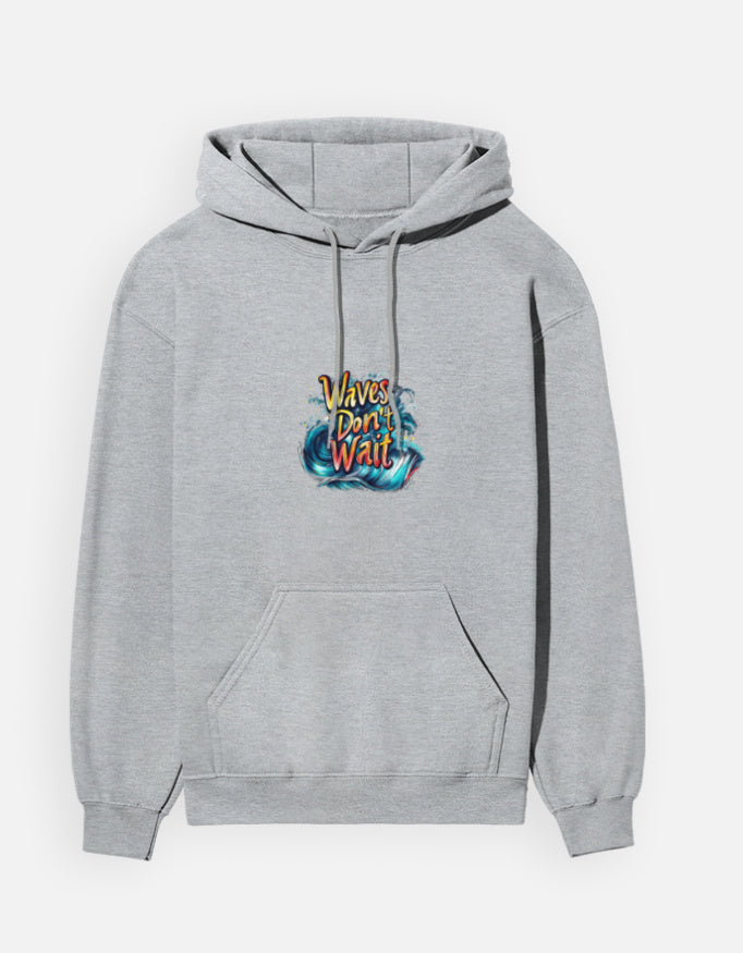 Waves Don't Wait hoodie in Grey Melange – curling blue wave with 'Waves Don't Wait' lettering, front view, Bonzo Peter's