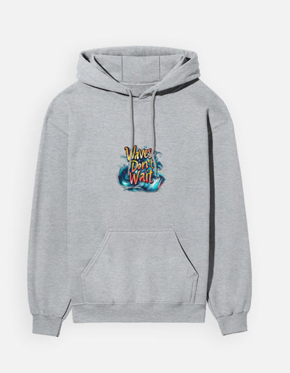 Waves Don't Wait hoodie in Grey Melange – curling blue wave with 'Waves Don't Wait' lettering, front view, Bonzo Peter's