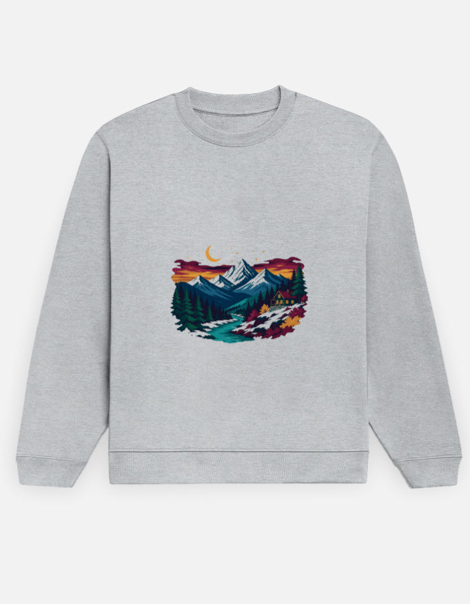 Himalayan Dusk sweatshirt in Grey Melange – snow-capped Himalayan peaks at dusk front print, front view, Bonzo Peter's