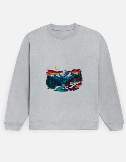 Himalayan Dusk sweatshirt in Grey Melange – snow-capped Himalayan peaks at dusk front print, front view, Bonzo Peter's