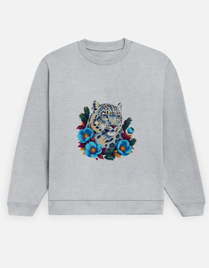 Snow Leopard sweatshirt in Grey Melange – snow leopard head with blue Himalayan poppies front print, front view, Bonzo Peter's