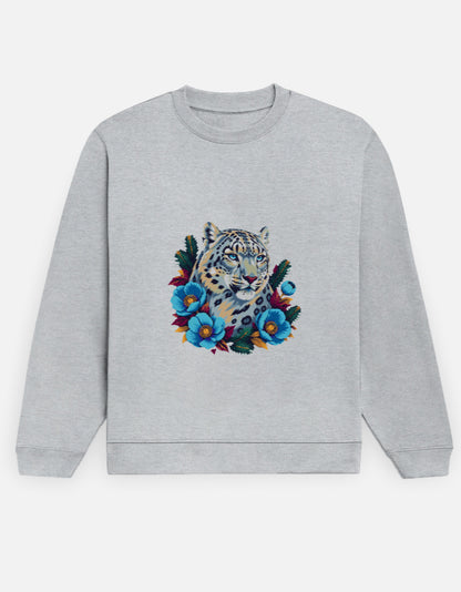 Snow Leopard sweatshirt in Grey Melange – snow leopard head with blue Himalayan poppies front print, front view, Bonzo Peter's