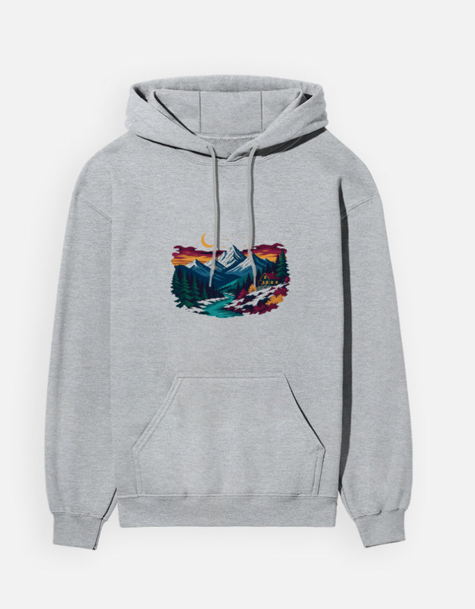 Himalayan Dusk hoodie in Grey Melange – snow-capped Himalayan peaks at dusk front print, front view, Bonzo Peter's