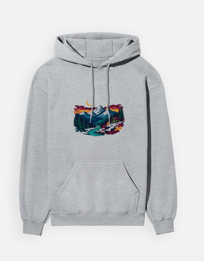 Himalayan Dusk hoodie in Grey Melange – snow-capped Himalayan peaks at dusk front print, front view, Bonzo Peter's