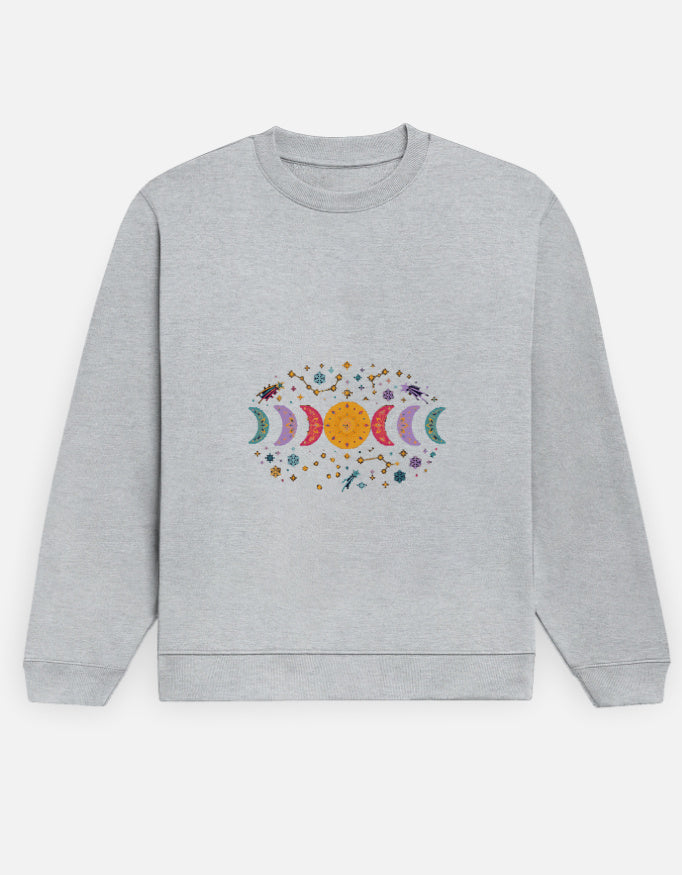 Moon Phase sweatshirt in Grey Melange – row of moon phases with constellations and snowflakes front print, front view, Bonzo Peter's