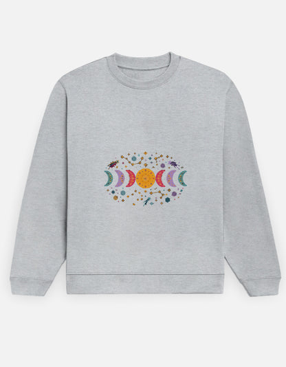 Moon Phase sweatshirt in Grey Melange – row of moon phases with constellations and snowflakes front print, front view, Bonzo Peter's