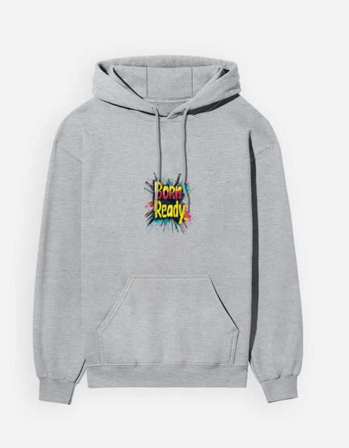 Born Ready hoodie in Grey Melange – 'Born Ready' lettering in a colourful paint-splash burst, front view, Bonzo Peter's