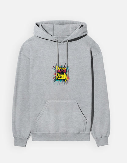 Born Ready hoodie in Grey Melange – 'Born Ready' lettering in a colourful paint-splash burst, front view, Bonzo Peter's
