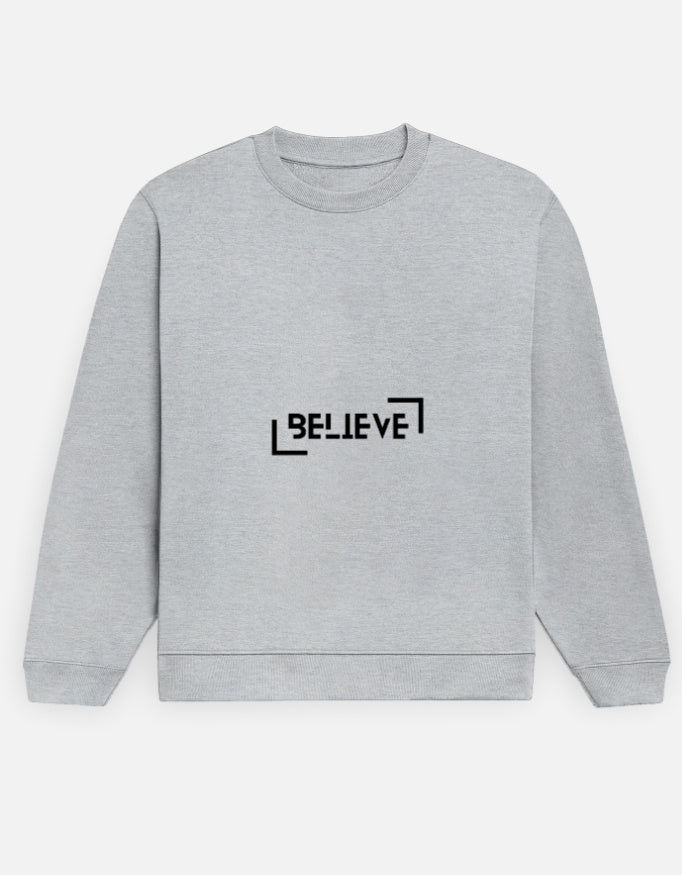 Believe sweatshirt in Grey Melange – 'BELIEVE' chest print framed by corner brackets, front view, Bonzo Peter's