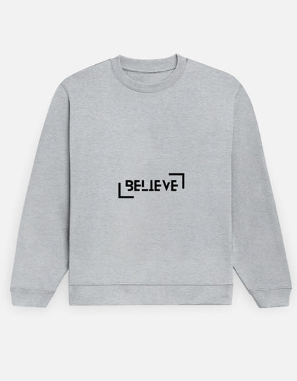 Believe sweatshirt in Grey Melange – 'BELIEVE' chest print framed by corner brackets, front view, Bonzo Peter's