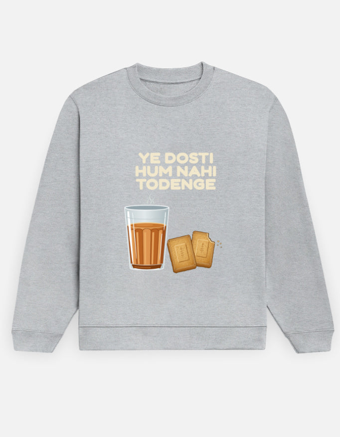 Ye Dosti Hum Nahi Todenge sweatshirt in Grey Melange – cutting chai and biscuits front print, front view, Bonzo Peter's