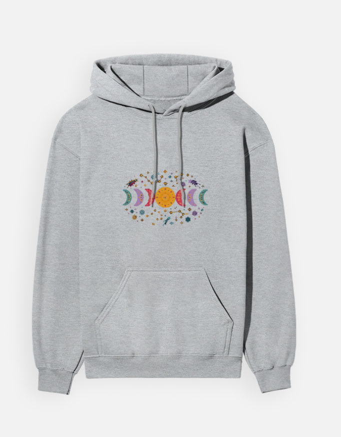 Moon Phase hoodie in Grey Melange – row of moon phases with constellations and snowflakes front print, front view, Bonzo Peter's