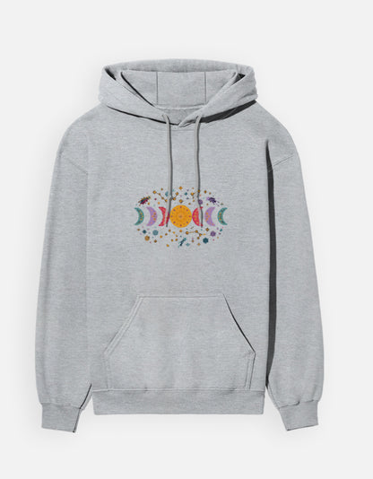 Moon Phase hoodie in Grey Melange – row of moon phases with constellations and snowflakes front print, front view, Bonzo Peter's