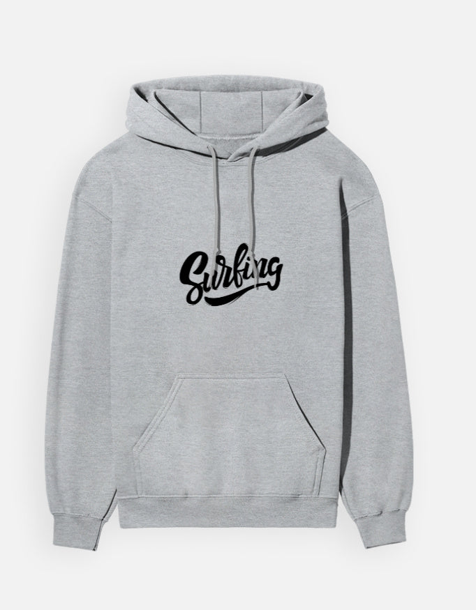Surfing hoodie in Grey Melange – black 'Surfing' brush-script chest print, front view, Bonzo Peter's