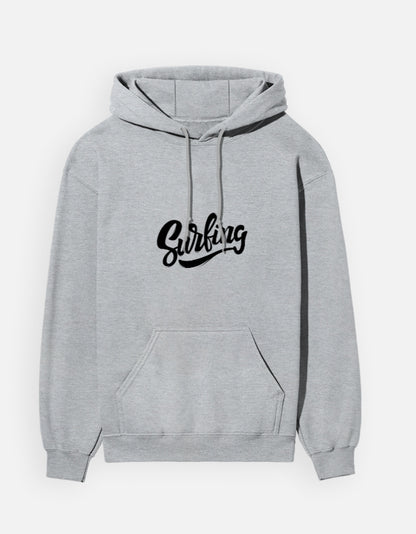 Surfing hoodie in Grey Melange – black 'Surfing' brush-script chest print, front view, Bonzo Peter's