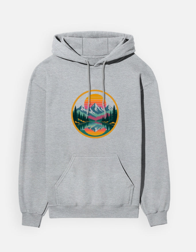 Retro Sunset Badge hoodie in Grey Melange – circular retro sunset badge with mountains, pines and lake front print, front view, Bonzo Peter's