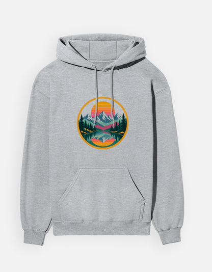 Retro Sunset Badge hoodie in Grey Melange – circular retro sunset badge with mountains, pines and lake front print, front view, Bonzo Peter's