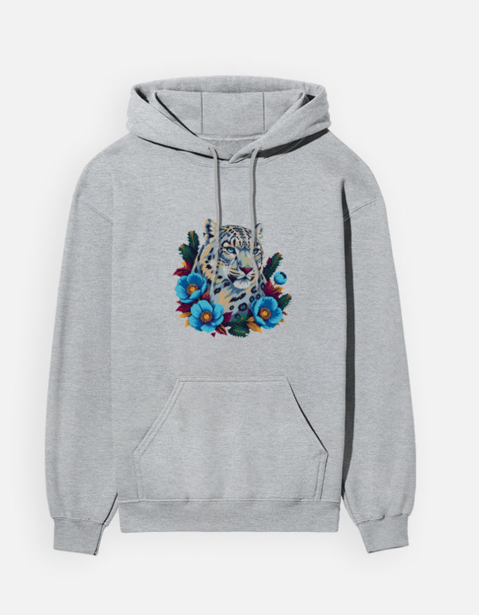 Snow Leopard hoodie in Grey Melange – snow leopard head with blue Himalayan poppies front print, front view, Bonzo Peter's