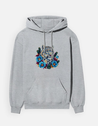Snow Leopard hoodie in Grey Melange – snow leopard head with blue Himalayan poppies front print, front view, Bonzo Peter's