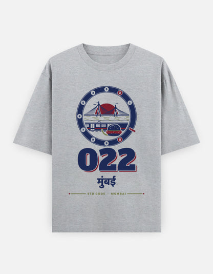 022 Mumbai oversized cotton T-shirt in Grey Melange – 022 मुंबई Mumbai STD code front print, Bonzo Peter's