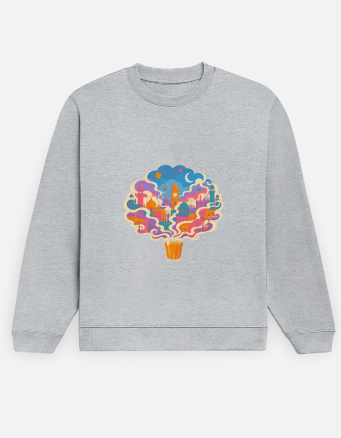 Chai City sweatshirt in Grey Melange – cutting chai glass with steam forming an Indian cityscape front print, front view, Bonzo Peter's