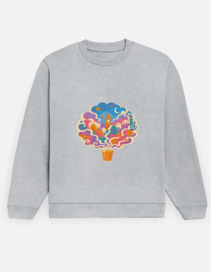 Chai City sweatshirt in Grey Melange – cutting chai glass with steam forming an Indian cityscape front print, front view, Bonzo Peter's