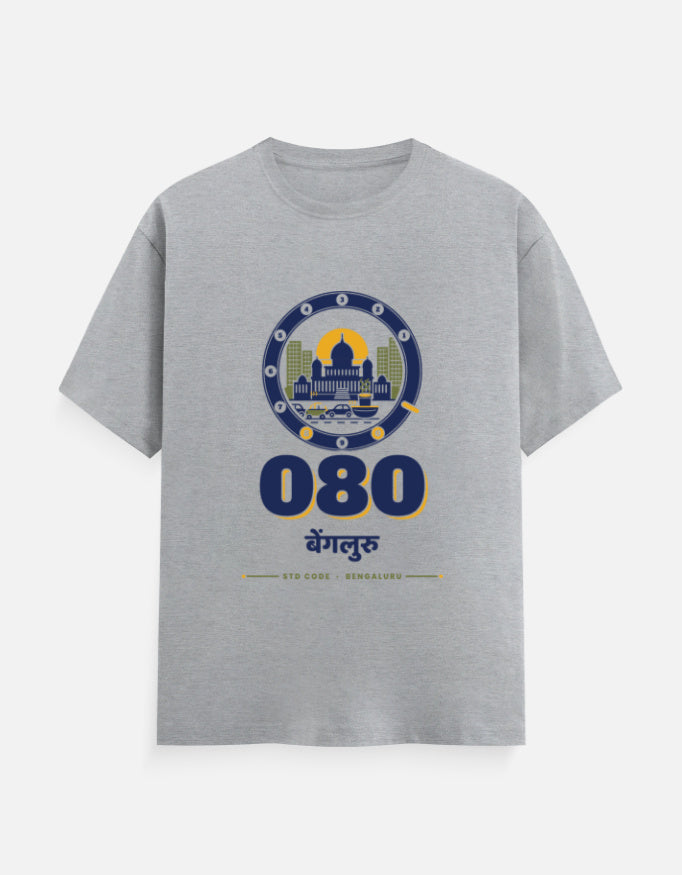 080 Bengaluru regular fit T-shirt in Grey Melange – 080 बेंगलुरु Bengaluru STD code front print, front view, Bonzo Peter's