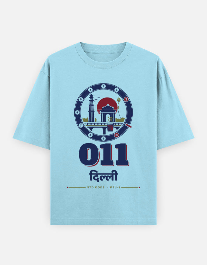 011 Dilli oversized cotton T-shirt in Baby Blue – 011 दिल्ली Delhi STD code front print, Bonzo Peter's