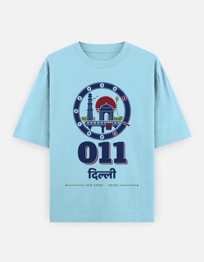 011 Dilli oversized cotton T-shirt in Baby Blue – 011 दिल्ली Delhi STD code front print, Bonzo Peter's