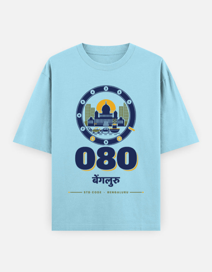 080 Bengaluru oversized cotton T-shirt in Baby Blue – 080 बेंगलुरु Bengaluru STD code front print, Bonzo Peter's