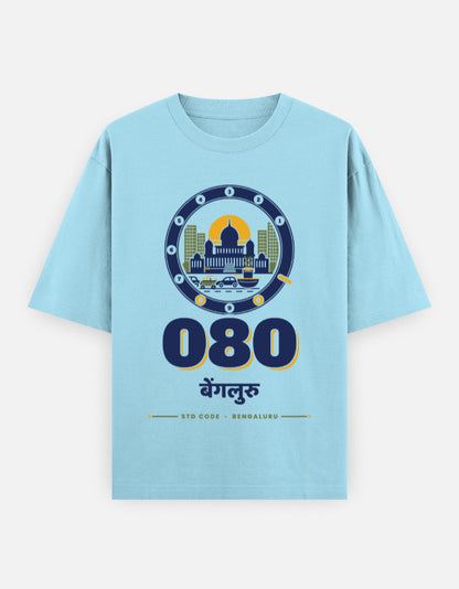 080 Bengaluru oversized cotton T-shirt in Baby Blue – 080 बेंगलुरु Bengaluru STD code front print, Bonzo Peter's