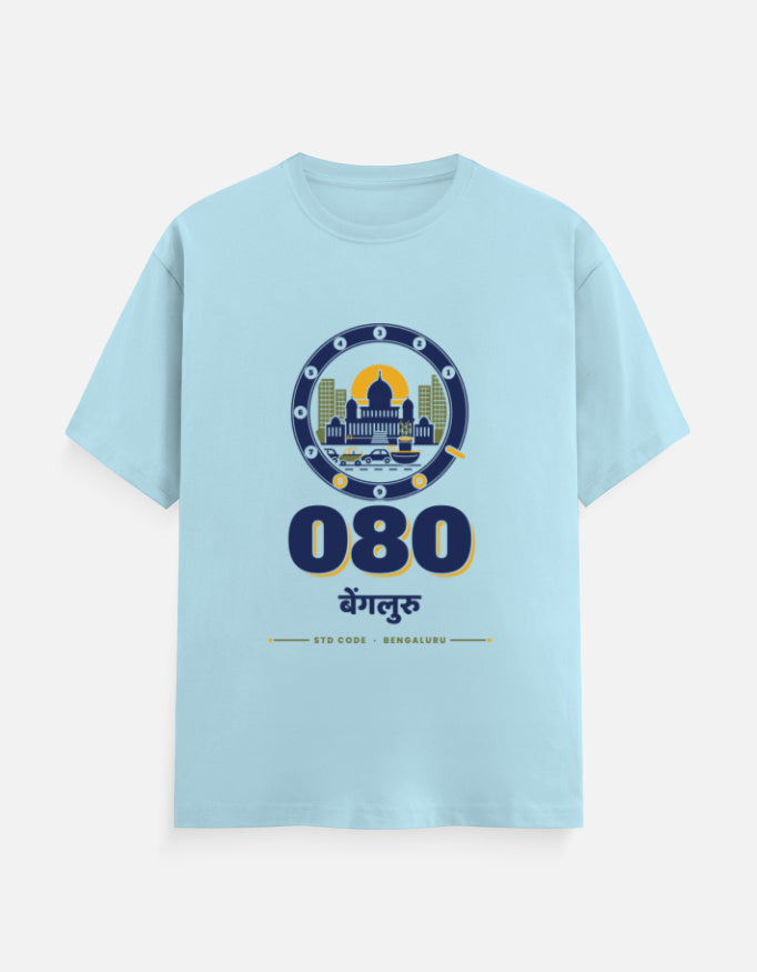 080 Bengaluru regular fit T-shirt in Baby Blue – 080 बेंगलुरु Bengaluru STD code front print, front view, Bonzo Peter's