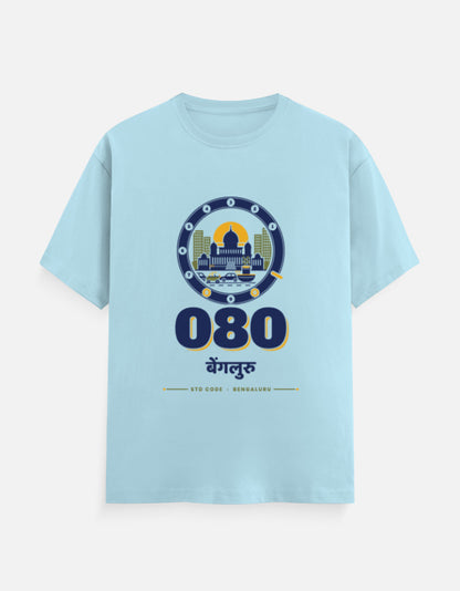 080 Bengaluru regular fit T-shirt in Baby Blue – 080 बेंगलुरु Bengaluru STD code front print, front view, Bonzo Peter's