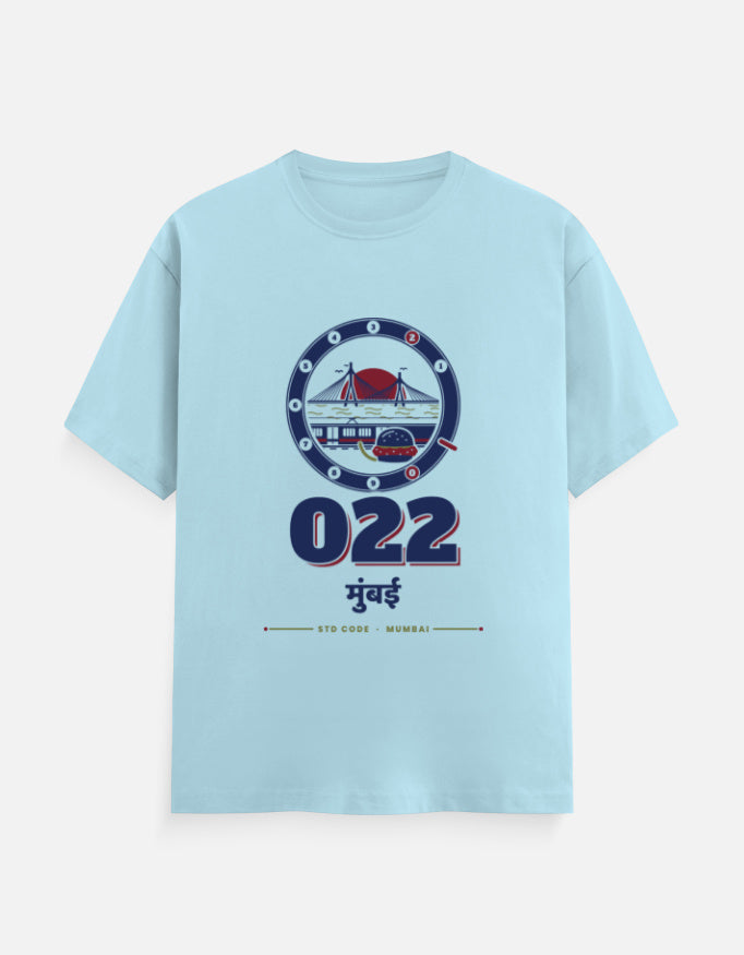 022 Mumbai regular fit T-shirt in Baby Blue – 022 मुंबई Mumbai STD code front print, front view, Bonzo Peter's