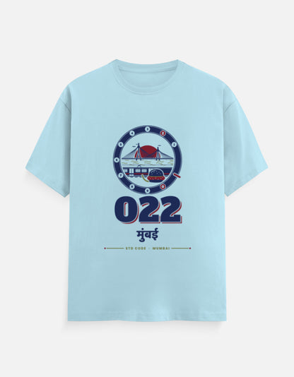 022 Mumbai regular fit T-shirt in Baby Blue – 022 मुंबई Mumbai STD code front print, front view, Bonzo Peter's