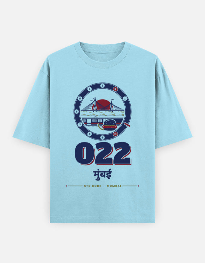 022 Mumbai oversized cotton T-shirt in Baby Blue – 022 मुंबई Mumbai STD code front print, Bonzo Peter's