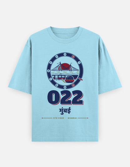 022 Mumbai oversized cotton T-shirt in Baby Blue – 022 मुंबई Mumbai STD code front print, Bonzo Peter's