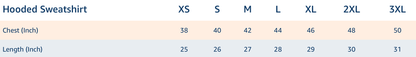 Size chart for Bonzo Peter's Unisex Hooded Sweatshirt showing chest and length measurements in inches for each size.