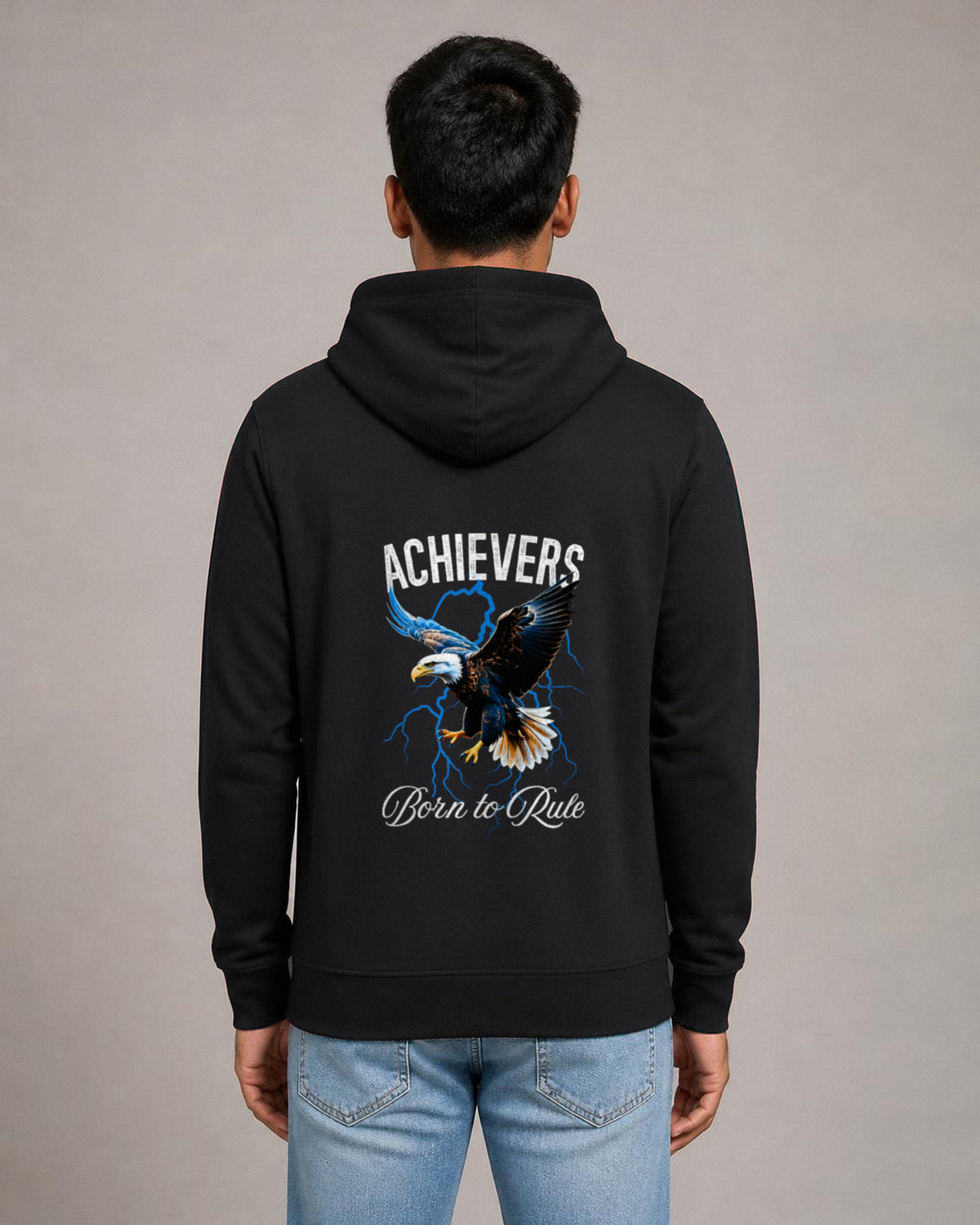 Achievers back print hoodie in Black worn by a model, Bonzo Peter's