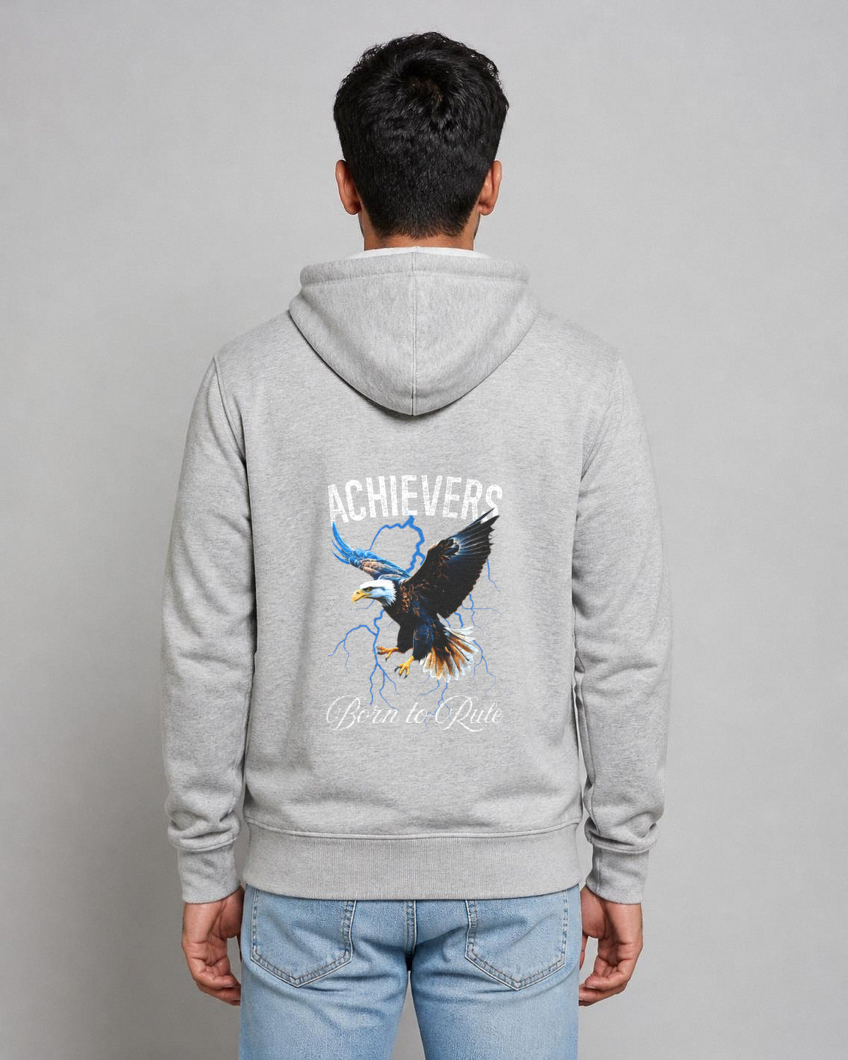 Achievers back print hoodie in Grey Melange worn by a model, Bonzo Peter's