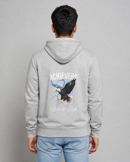 Achievers back print hoodie in Grey Melange worn by a model, Bonzo Peter's