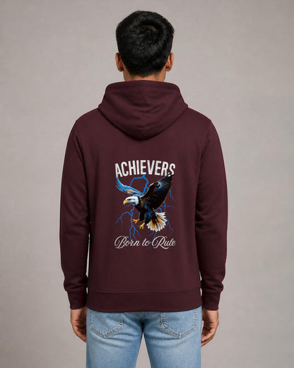 Achievers back print hoodie in Maroon worn by a model, Bonzo Peter's